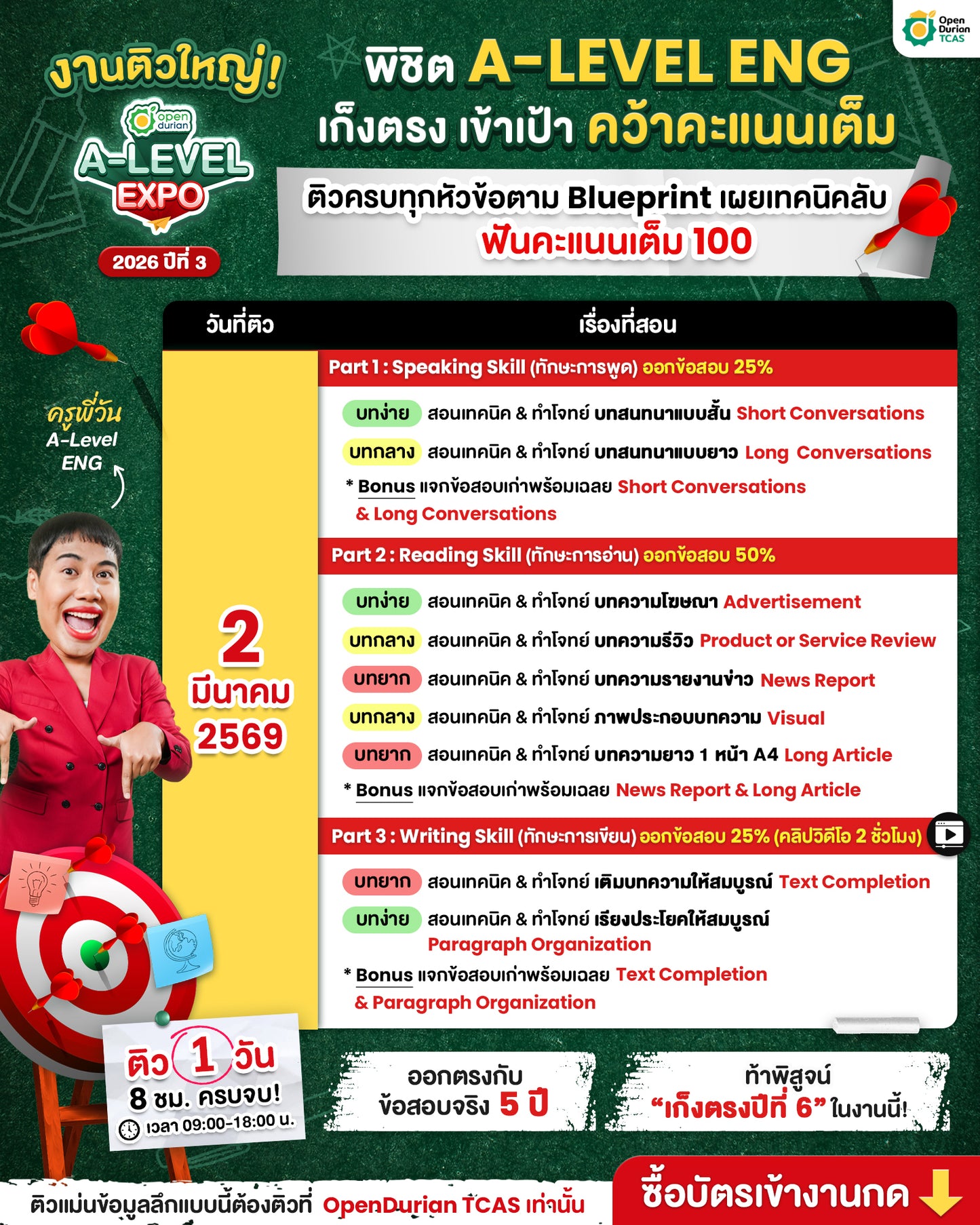 งานติวสอบตะลุยโจทย์ OpenDurian TCAS A-LEVEL EXPO 2026 ปีที่ 3 ครบทุกเนื้อหาตาม Blueprint เผยเทคนิคลับเก็บคะแนนเต็ม