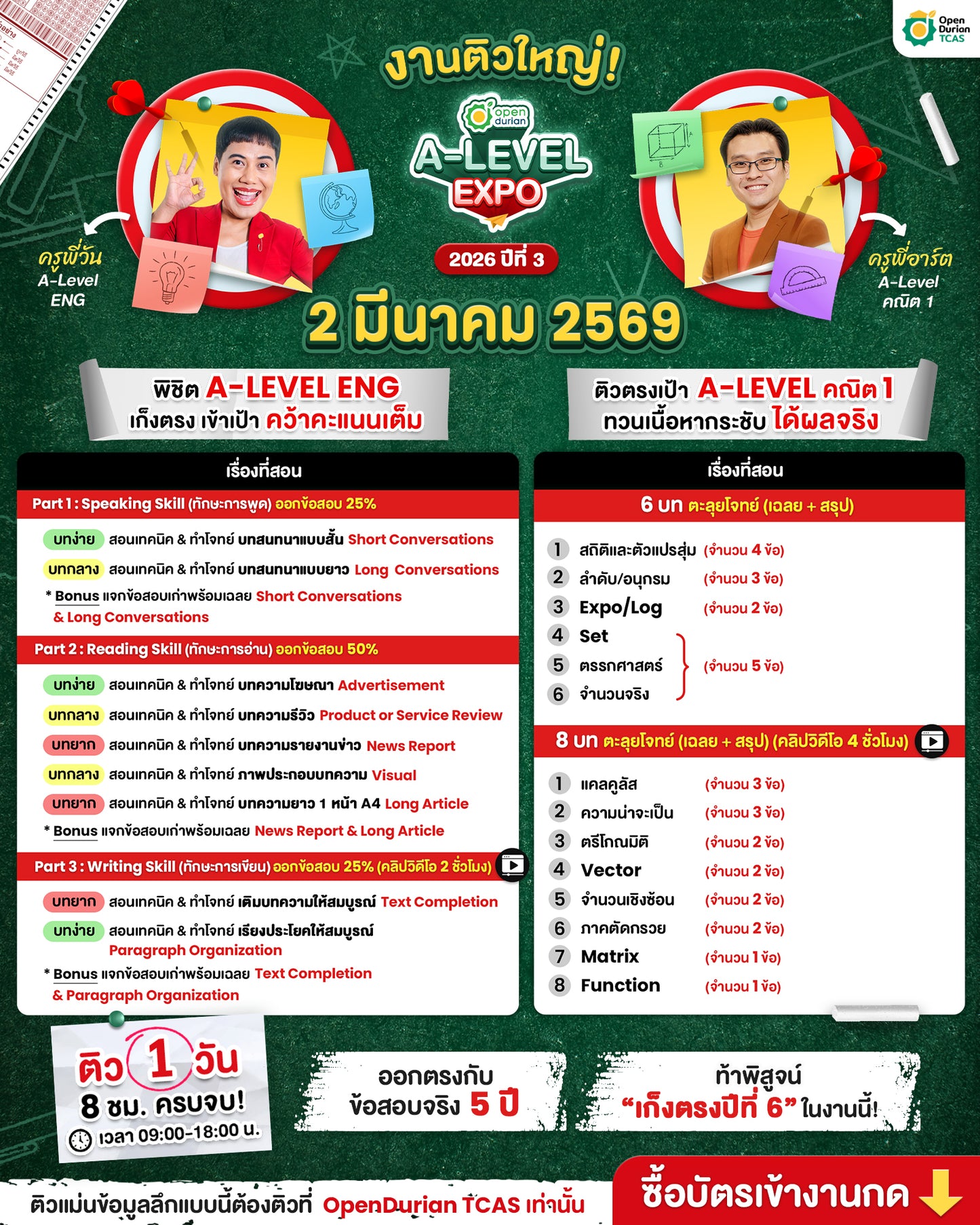 งานติวสอบตะลุยโจทย์ OpenDurian TCAS A-LEVEL EXPO 2026 ปีที่ 3 ครบทุกเนื้อหาตาม Blueprint เผยเทคนิคลับเก็บคะแนนเต็ม